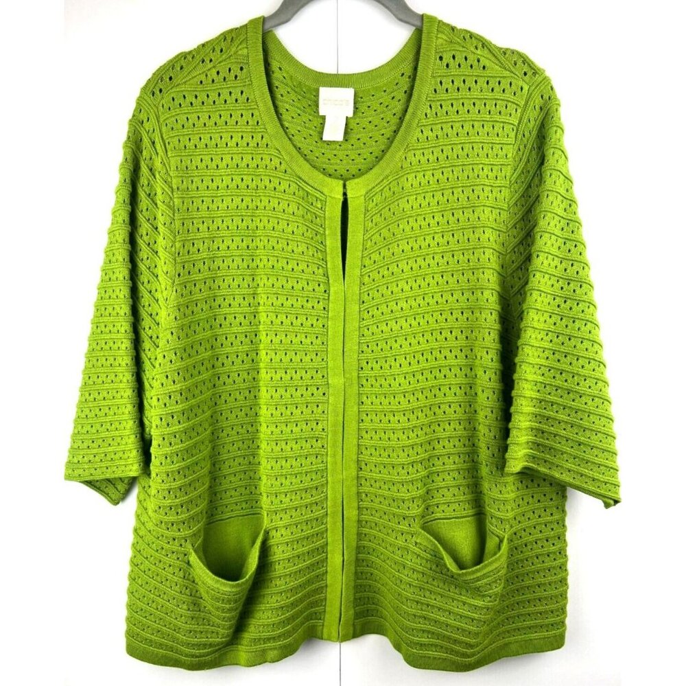 Chico's Cardigan 2 US Large 3/4 Sleeve Lime Green Open Crochet Hook‎ Eye Sweater